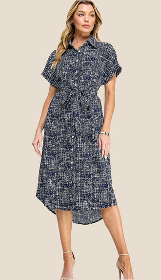 Nila Button Down Tie Waist Cap Sleeve Midi Dress- Navy