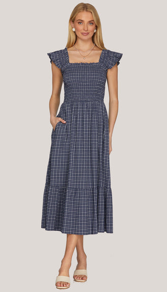 Lydia Ruffle Strap Check Smocked Midi Dress- Navy