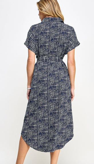 Nila Button Down Tie Waist Cap Sleeve Midi Dress- Navy
