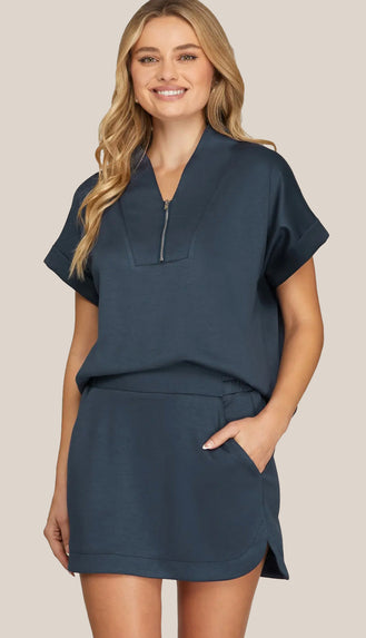 Jayme Drop Shoulder Half Zip Top- Navy