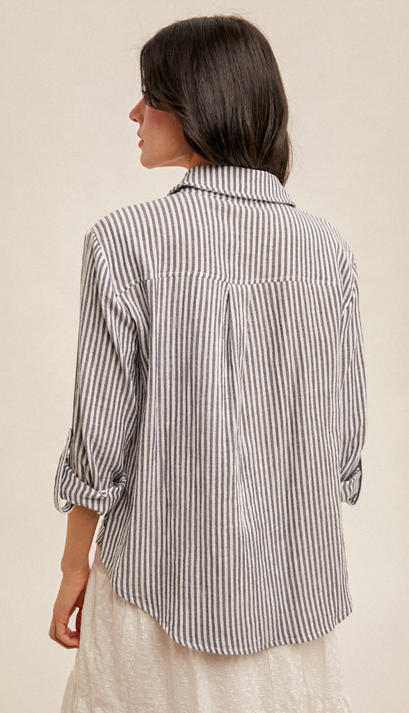 Dina Stripe Oversized Button Shirt- Navy