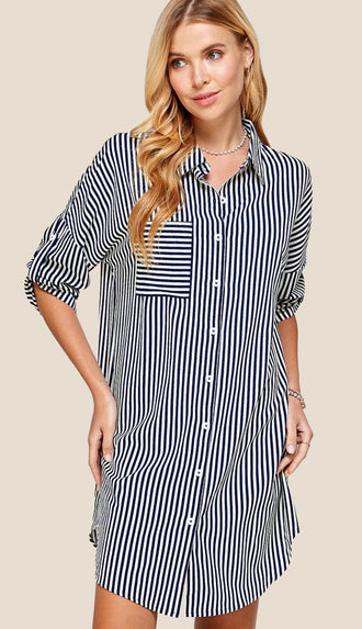 Pocket And Stripe 3/4 Sleeve Shirt Dress- Navy