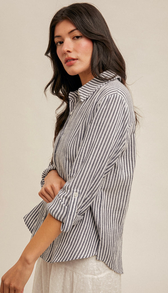 Dina Stripe Oversized Button Shirt- Navy
