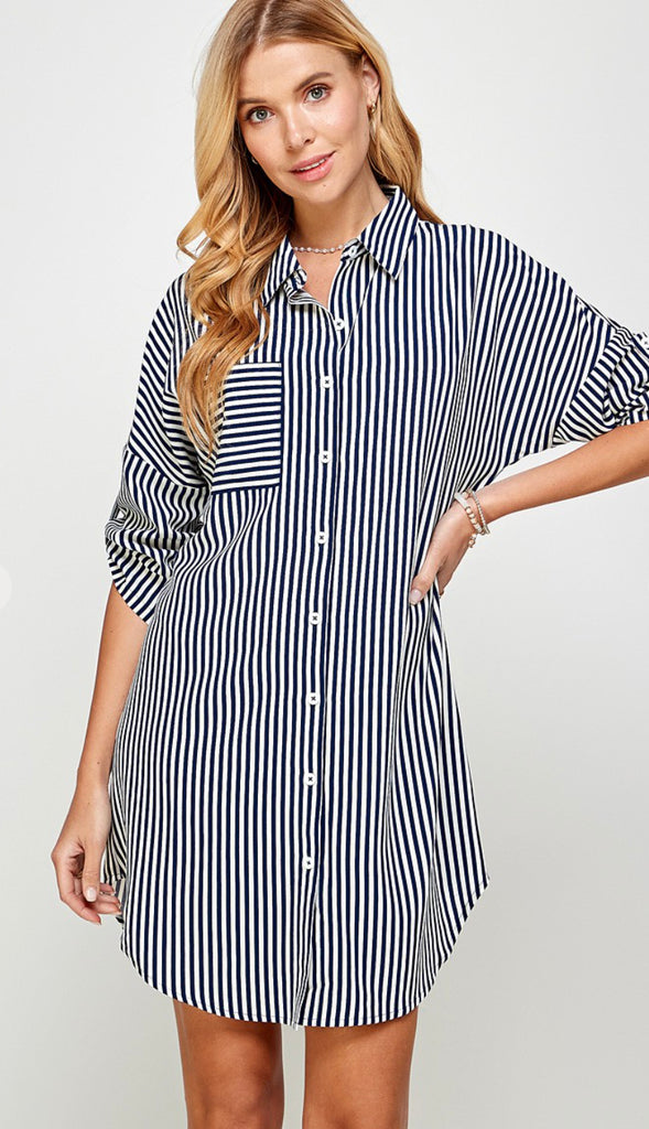 Blair Pocket And Stripe Shirt Dress- Navy