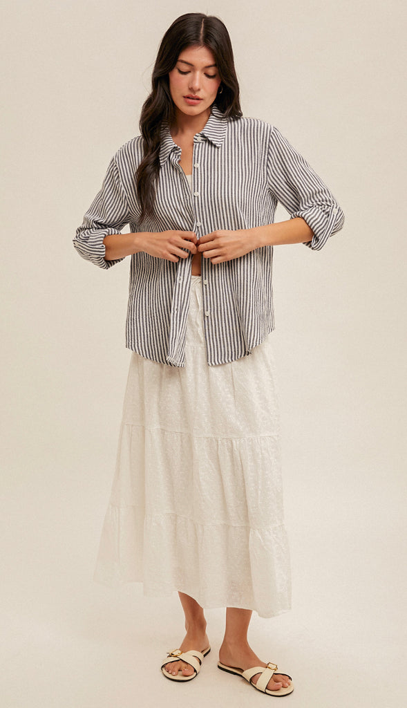 Dina Stripe Oversized Button Shirt- Navy