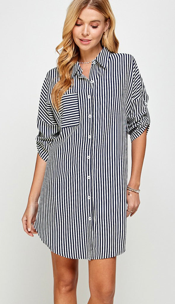 Blair Pocket And Stripe Shirt Dress- Navy