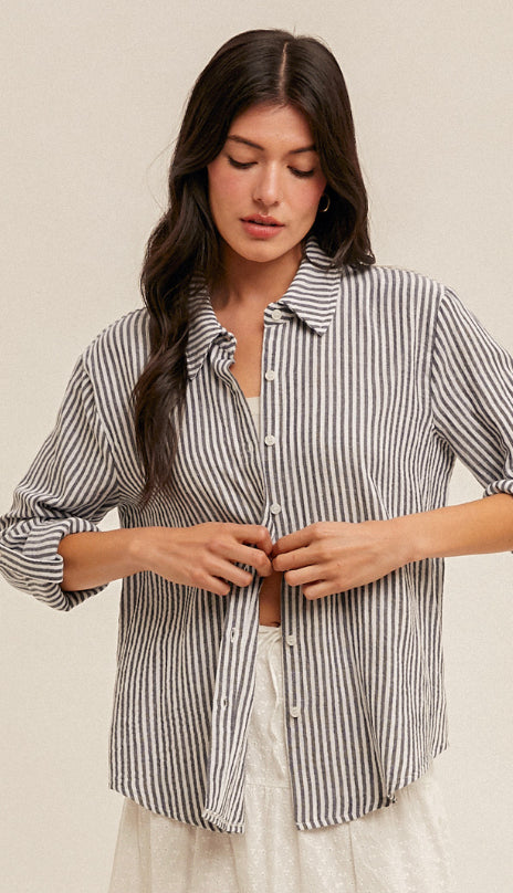 Dina Stripe Oversized Button Shirt- Navy