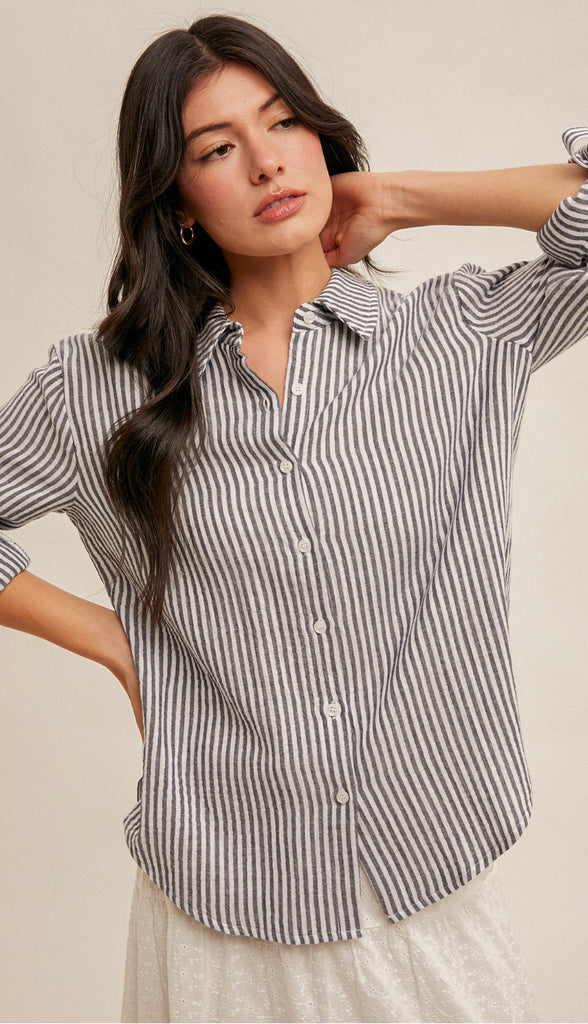 Dina Stripe Oversized Button Shirt- Navy