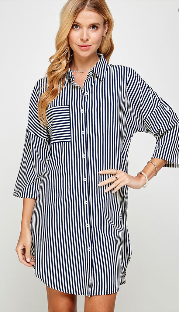Blair Pocket And Stripe Shirt Dress- Navy