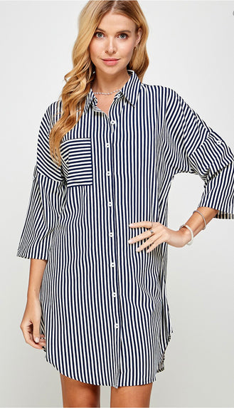 Pocket And Stripe 3/4 Sleeve Shirt Dress- Navy