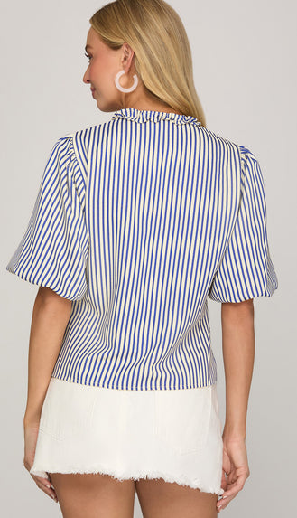Maine On My Mind Puff Sleeve Stripe Top- Navy