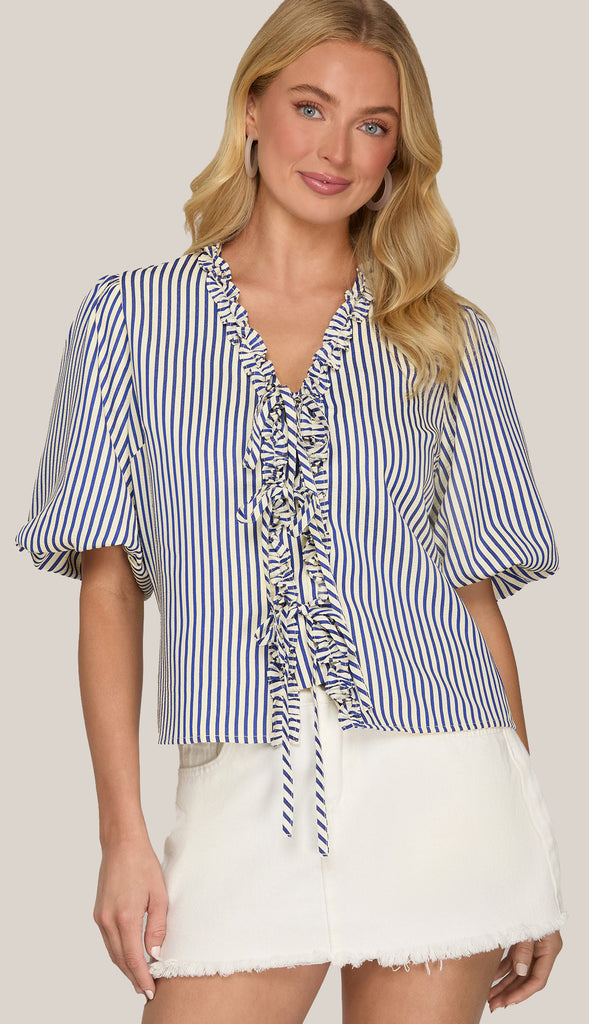 Maine On My Mind Puff Sleeve Stripe Top- Navy