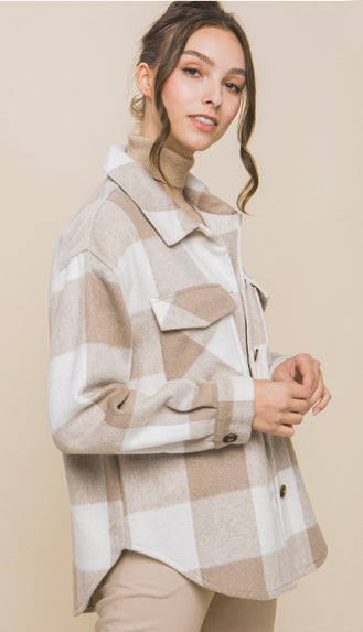 Soft Neutral Check Shacket- Taupe