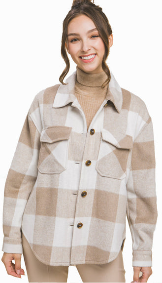 Soft Neutral Check Shacket- Taupe