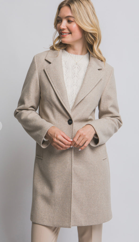 Blair Notched Lapel Long Sleeve Coat- Oatmeal
