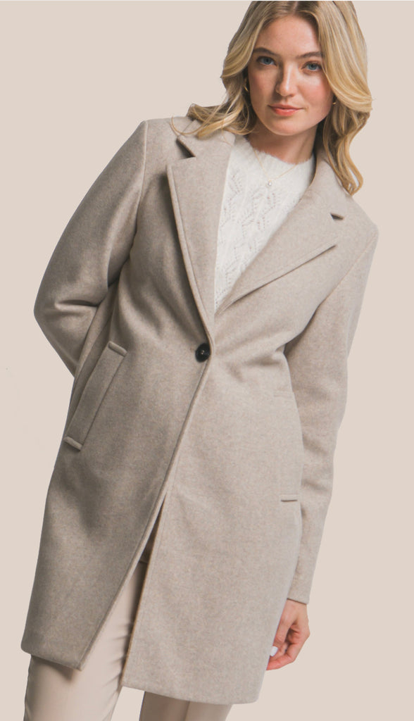 Blair Notched Lapel Long Sleeve Coat- Oatmeal