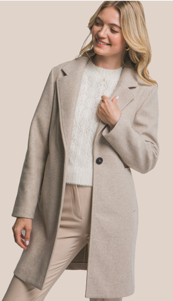 Blair Notched Lapel Long Sleeve Coat- Oatmeal