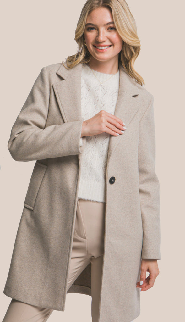 Blair Notched Lapel Long Sleeve Coat- Oatmeal
