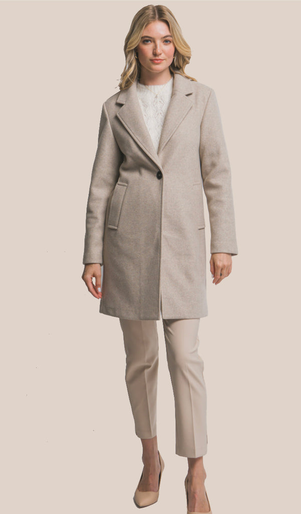 Blair Notched Lapel Long Sleeve Coat- Oatmeal