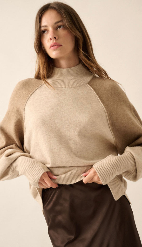 Heather Mock Neck Two Tone Sweater- Oatmeal