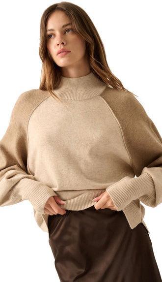 Heather Mock Neck Two Tone Sweater- Oatmeal