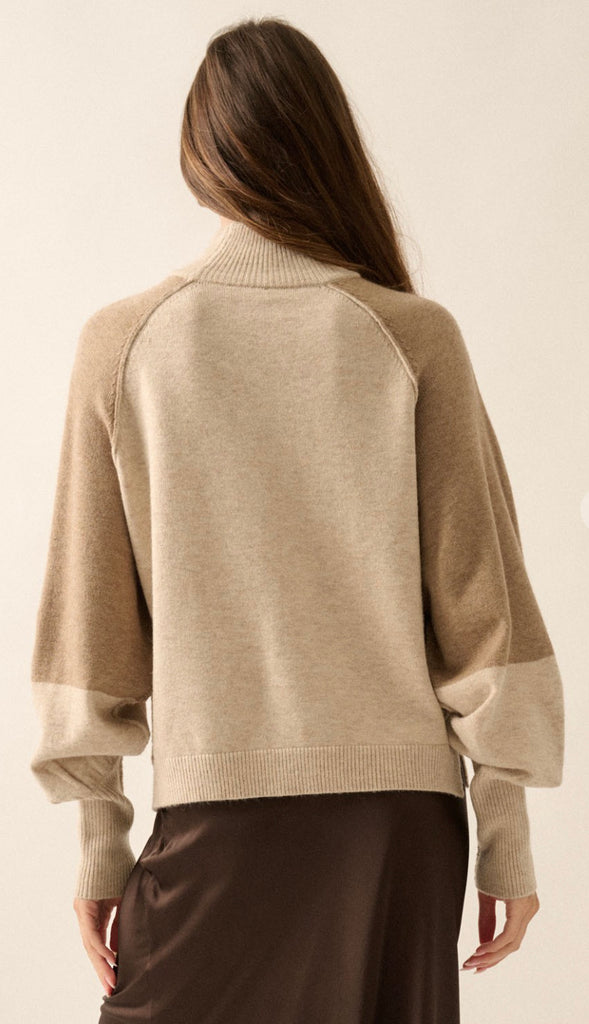 Heather Mock Neck Two Tone Sweater- Oatmeal