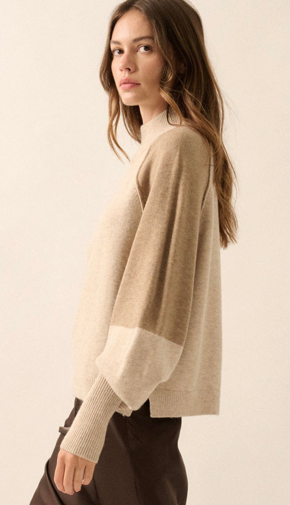 Heather Mock Neck Two Tone Sweater- Oatmeal