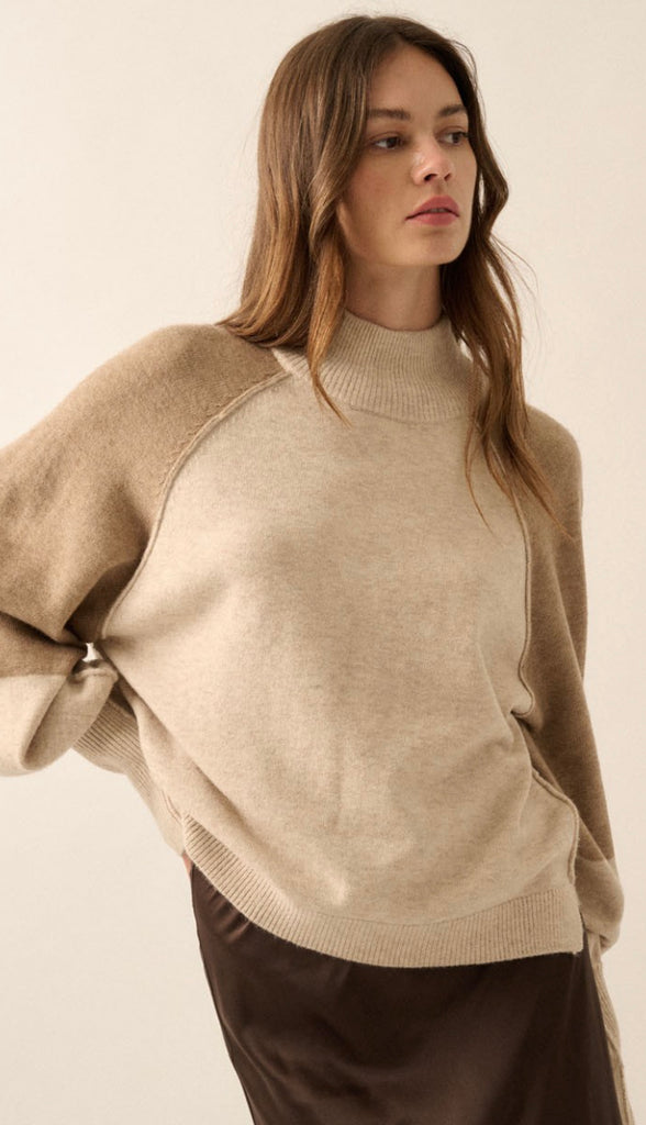 Heather Mock Neck Two Tone Sweater- Oatmeal