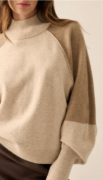 Heather Mock Neck Two Tone Sweater- Oatmeal