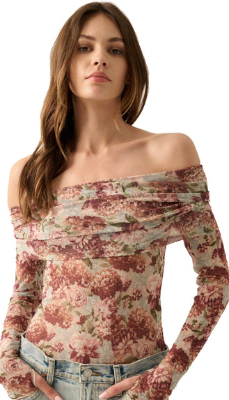 Memphis Floral Mesh Off Shoulder Bodysuit- Taupe