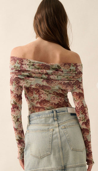 Memphis Floral Mesh Off Shoulder Bodysuit- Taupe