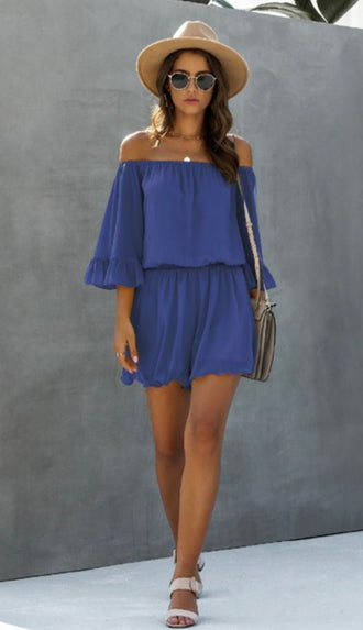 Brystol Off Shoulder Romper- Blue