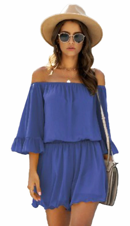 Brystol Off Shoulder Romper- Blue