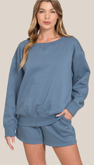 By The Campfire Sweatshirt & Shorts Set- Dusty Blue