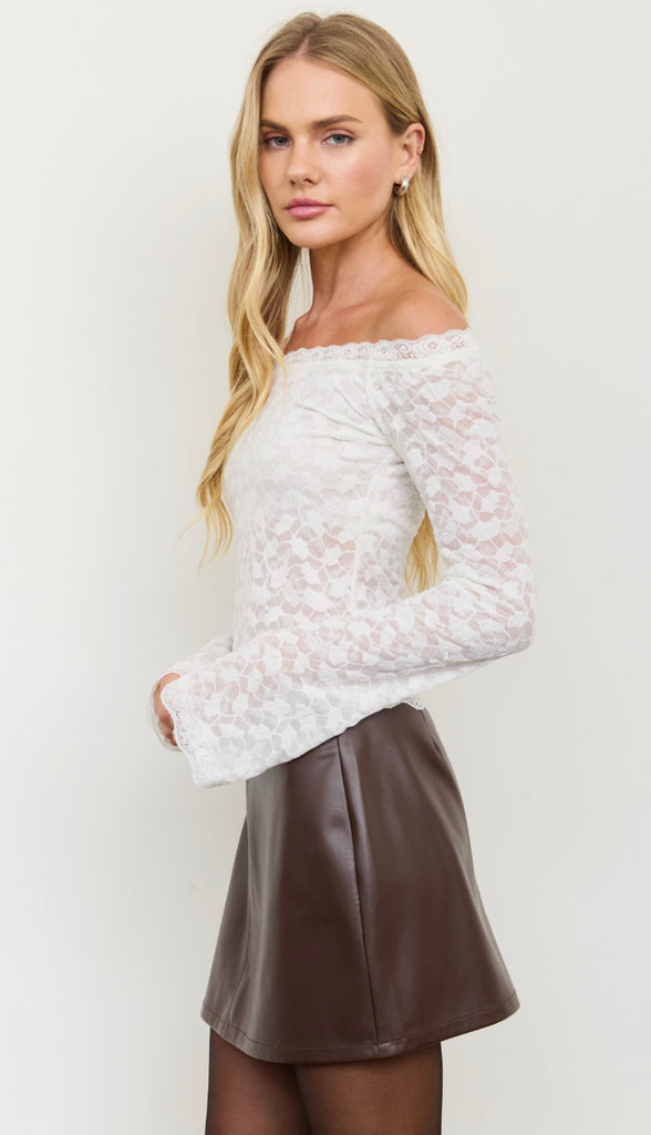 Everly Lace Scalloped Off Shoulder Long Sleeve Top- Ivory