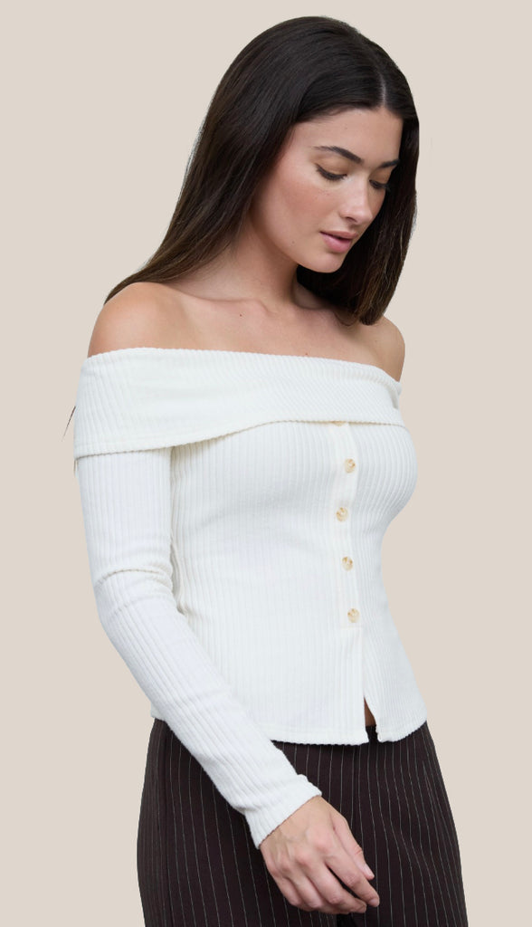 Off Shoulder Button Down Rib Knit Top- Cream