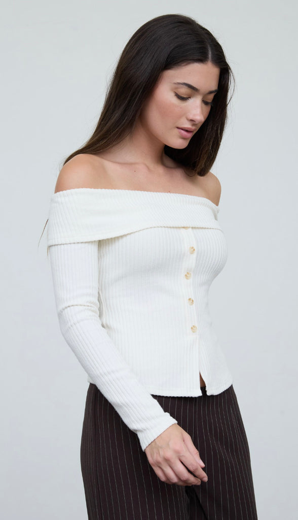 Off Shoulder Button Down Rib Knit Top- Cream