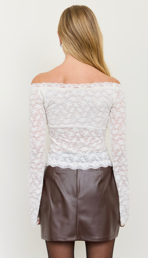 Everly Lace Scalloped Off Shoulder Long Sleeve Top- Ivory