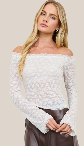 Everly Lace Scalloped Off Shoulder Long Sleeve Top- Ivory
