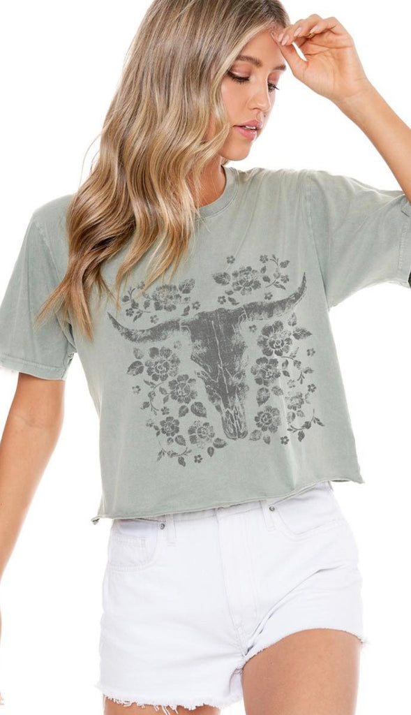 Longhorn Floral Crop Graphic- Olive