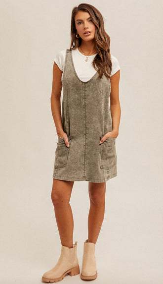 Brody Snow Wash Twill Overall Dress- Olive