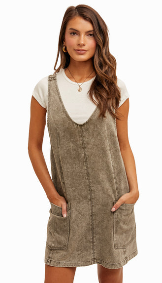 Brody Snow Wash Twill Overall Dress- Olive