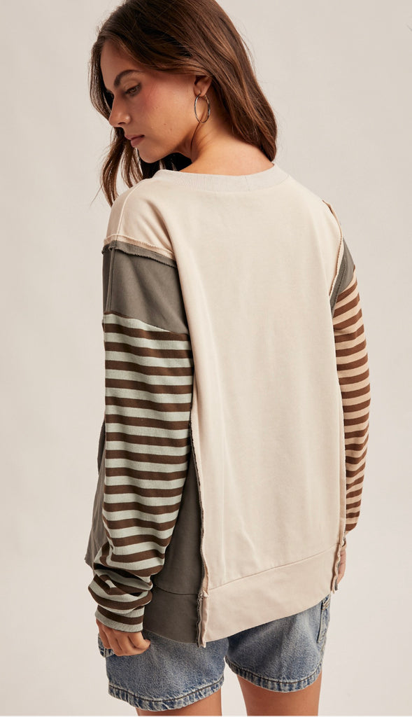 Aspen Color Block Dolman Lightweight Sweater- Ecru/Olive