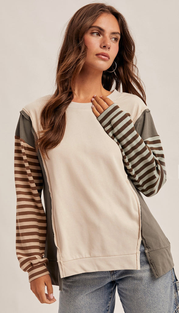 Aspen Color Block Dolman Lightweight Sweater- Ecru/Olive