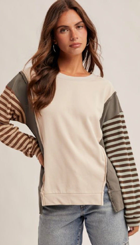 Aspen Color Block Dolman Lightweight Sweater- Ecru/Olive
