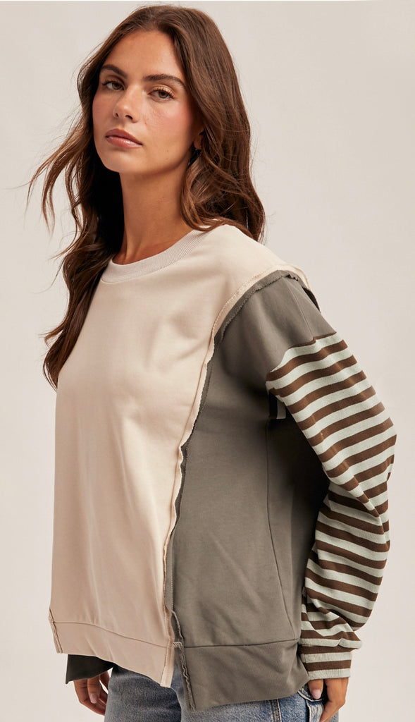 Aspen Color Block Dolman Lightweight Sweater- Ecru/Olive