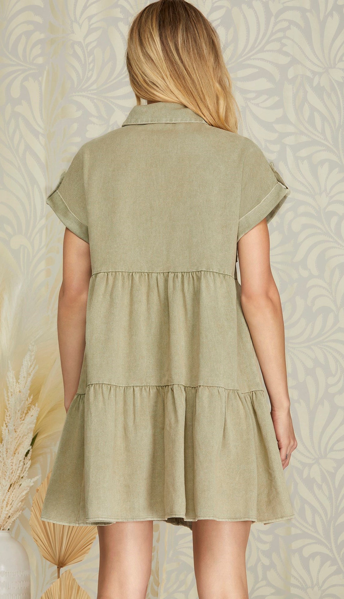 Nicole Tiered Button Down Washed Dress - Olive