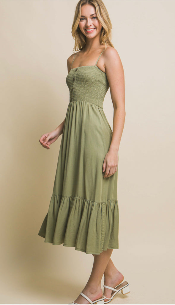 Ivy Button Midi Dress- Olive