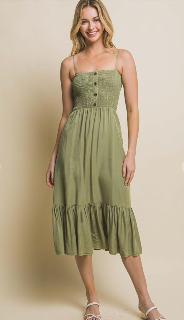 Ivy Button Midi Dress- Olive