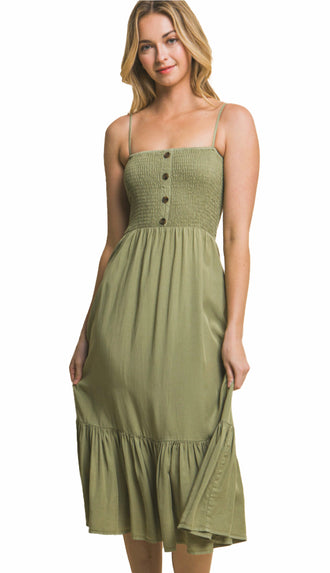 Ivy Button Midi Dress- Olive